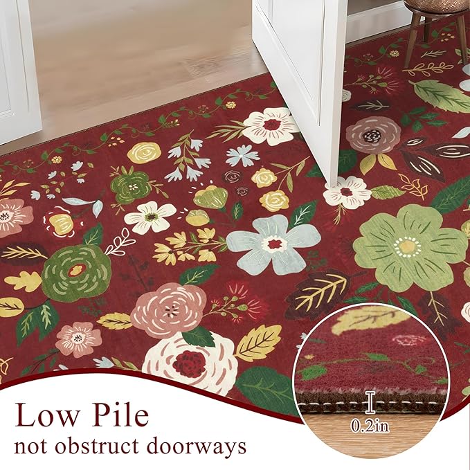 U'Artlines Red Christmas Area Rug 8x10,Floral Large Rugs for Living Room, Non Slip Non Shedding Floral Vintage Low Pile Carpet for Bedroom, Dining Room,Classroom,Farmhouse,Office (Red)