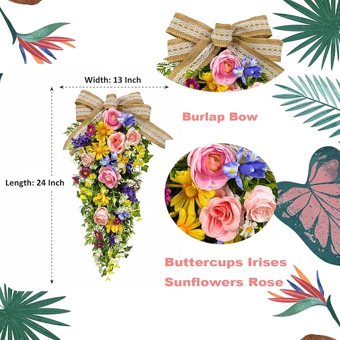 24 Inch Pre-lit Spring Summer Teardrop Swag for Front Door Battery Operated with Timer Rustic Country Decor with Roses Daisies Wildflower Burlap & Lace Bow for Farmhouse Home Decor