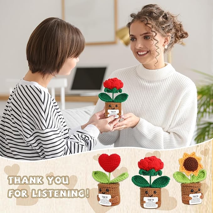Thank You Gift Positive Crochet Flower Heart Plant Emotional Support Christmas Sunflower Inspirational Handmade Knitted Doll with Appreciation Card Motivational Present for Teacher Thanksgiving Home