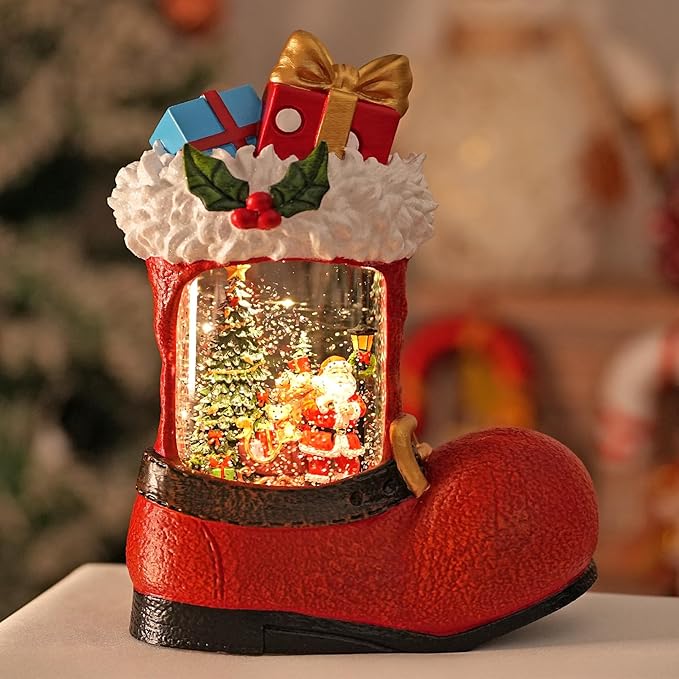 Christmas Snow Globe with Santa Claus Gifts - Lighted Musical Snow Globe Christmas Decorations with Timer, Swirling Glitter, Battery/USB Powered, Holiday Decor(Santa Claus Boots)