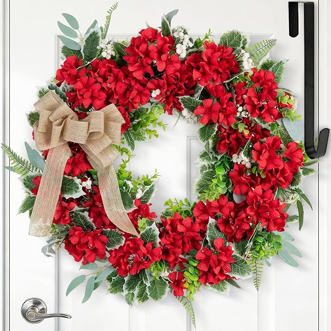 NUPTIO Geranium Wreath for Front Door: 24 Inch Summer Red Patriotic 4th of July Wreaths with Greenery Bow Hanger - Outdoor Realistic Artificial Silk Flower Spring Decor for Wall Window Porch Farmhouse