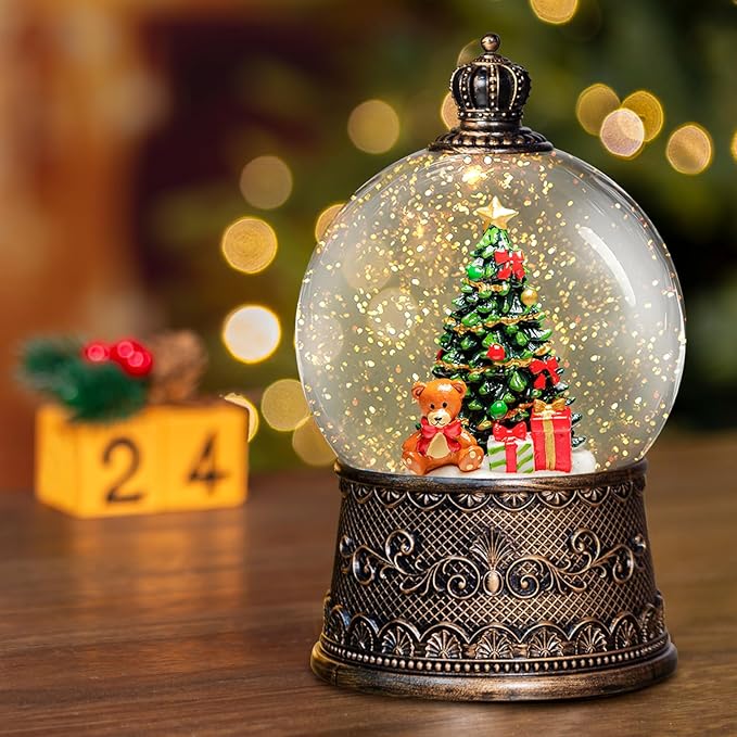 Christmas Snow Globes Lantern with Music, Christmas Tree Snow Globes with Swirling Glitter Effects, USB/Battery Powered with 6-Hour Timer, Holiday Decorations Indoor