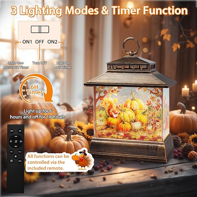 Fall Snow Globe Lantern Thanksgiving Pumpkins and Squirrels Water Lantern with Swirling Glitter 6H Timer Remote Control Fall Decorations for Home Thanksgiving Autumn Harvest (Pumpkin and Squirrel)
