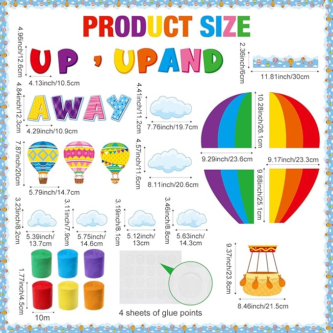 Epakh Hot Air Balloon Bulletin Board Set Hot Air Balloon DIY Classroom Decorations 3D Paper Cutouts for Back to School Preschool Elementary Summer Window Chalkboards Wall Door Decor