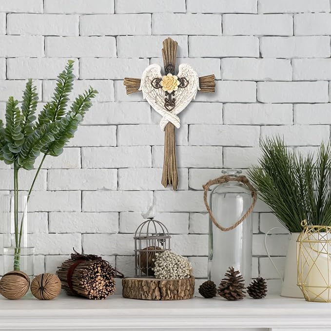BC Home Decor Angel Wings Decoration for Wall, 13" H Rusty Style Wall Crosses, Angel Wall Decor for Living Room, Handmade by Buildclassic