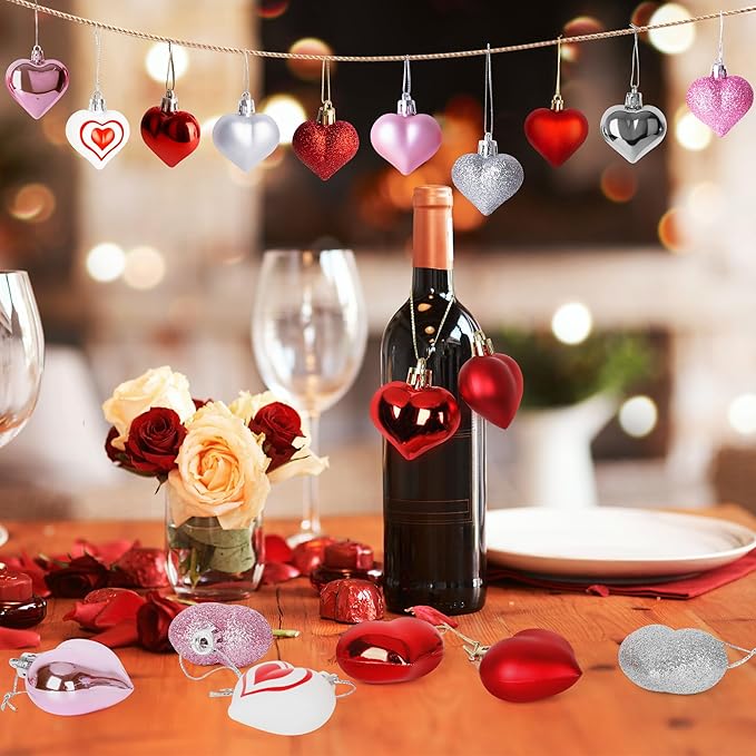 48PCS Heart Shaped Ornaments, Valentine Tree Decorations in 7 Kinds, 4 Colors Glitter Valentine Tree Ornaments, Heart Shaped Decorations for Valentines Wedding Party Hanging Decor