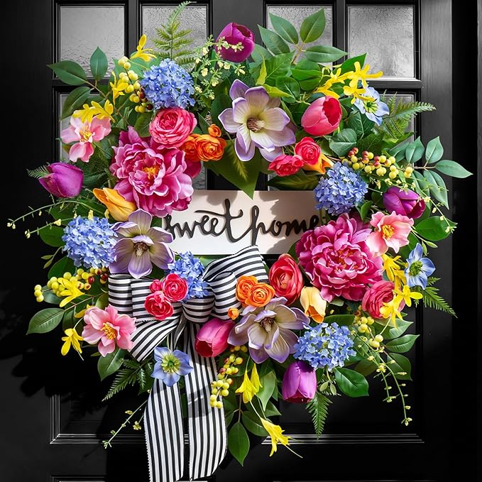 Pinkpuii Spring Wreaths for Front Door Outside– 24 Inch Spring Door Wreath with Pink Peonies, Roses,Blue Hydrangeas&Yellow Tulips,Colorful Welcome Summer Wreaths for Front Door Porch & Entryway Decor