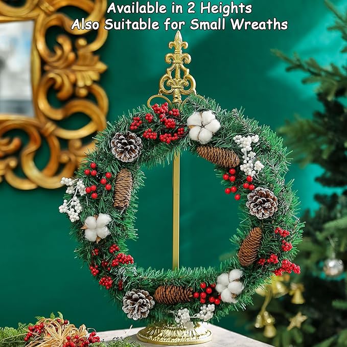 Wreath Stands for Display, Metal Wreath Holder Stand, Standing Wreath Hanger with Wrought Iron Base, Adjustable Tabletop Display Stand for Christmas and New Year Wreath, Wedding Party Decor, Gold