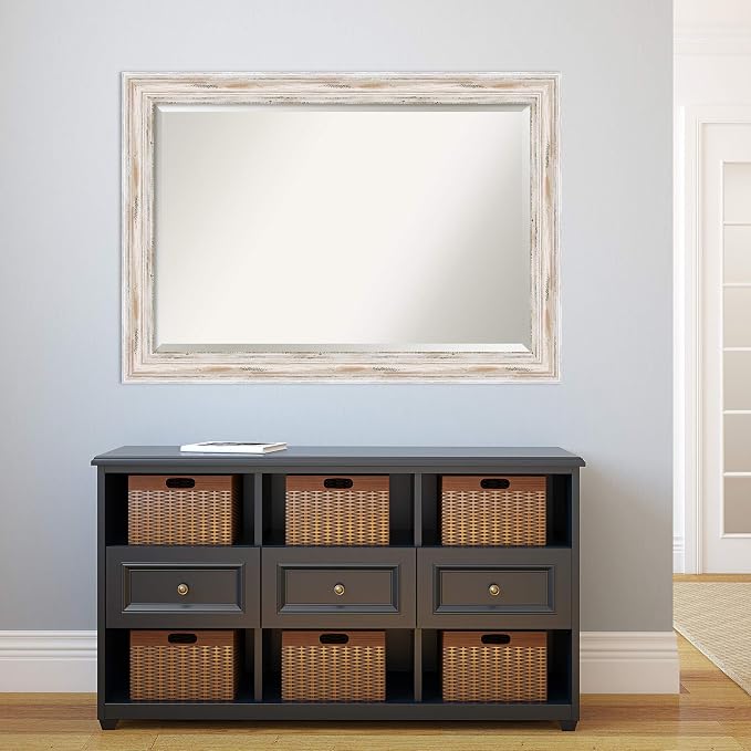 Amanti Art White Wall Mirror 29x41 Alexandria White Wash Rectangle Bathroom Mirror for Wall Decor Living Room, Large Cottage Wood Frame, Hangs Horizonally and Vertically, Bathroom Decor, Beveled Edge