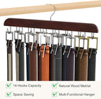 Belt Hanger for Closet, Sturdy Wood Belt Rack Closet Accessories with 14 Hooks Belt Organizer for Closet Organizers and Storage Max 42 Belts-Mahogany 1 Pack