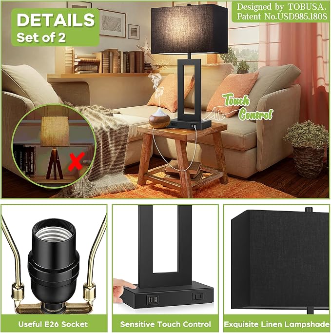 TOBUSA 28’’ Tall Black Lamps for Living Rooms Set of 2, Modern Touch Control Table Lamps for Bedroom, 3 Way Dimmable Bedside Lamps with 2 USB Ports&AC Outlet, High-end Decor Lamp for Home Office