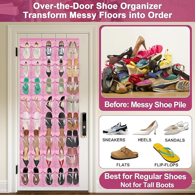 Over the Door Shoe Organizer with 40 Clear PVC Pockets – Waterproof Hanging Shoe Holder for Closet & Bathroom – Space-Saving Door Shoe Rack for Shoes, Toys, Toiletries & Snacks(Pink)