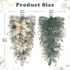 27.5" Artificial Christmas Teardrop Swag with Champagne Poinsettia, Pine Cones, Berries & Ornaments, White Cedar Branch Base for Christmas Thanksgiving Winter Holiday Front Door and Wall Decoration