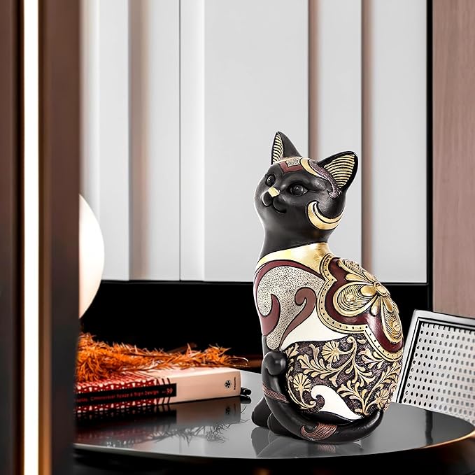 Black Cat Statue Home Decor Accent Boho Cat Figurines and Sculptures for Living Room Bedroom Shelf Office Table, Cats Art Decoration Vintage Matt Animals Gift for Cats Lovers, Woman Mom