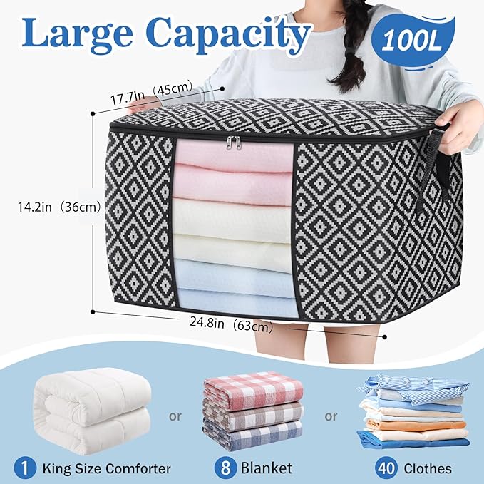 Direct 100L, 2 Pack, Storage Containers, Large Clothes Storage Bins Foldable Organization and Storage Bags with Reinforced Handle, Clear Window for Bedding, Blankets, Clothing, Black