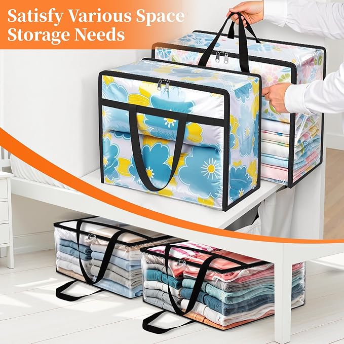 Clear Clothes Storage Bags, 6 Pack Closet Organizers and Under Bed Storage Containers, Foldable Moving Bags with Zippers for Comforter, Blanket, Bedding, Duvet, PVC Packing Bags 40L