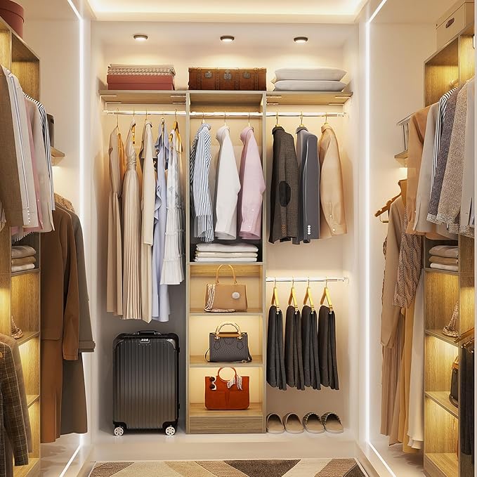 48" Closet Organizer System, 4FT Closet System for Small Closets with 4 Hanging Rods & 3 Shelves, 80"H Small Closet Organizers and Storage for Bedrooms, Cloakrooms, White Oak