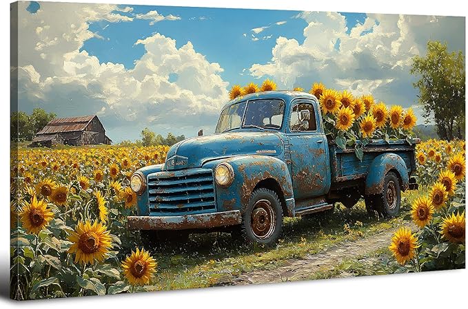 Sunflower Pictures Wall Decor Farmhouse Barn Truck Wall Art Sunflower Field Canvas Prints for Bedroom Bathroom Vintage Yellow Flowers Landscape Painting Artwork for Living Room Home Decorations 20x40"