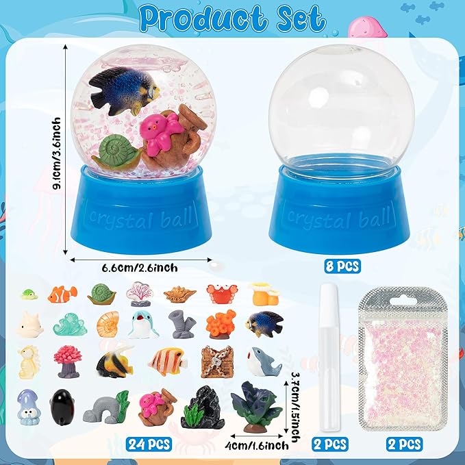 Ocean Snow Globes Craft Kit - 8 Set DIY Plastic Snow Globe Craft with Mini Resin Fish Animal, Make Your Own Party Favor Decor with Glitter for Art Activity (Under The Sea)