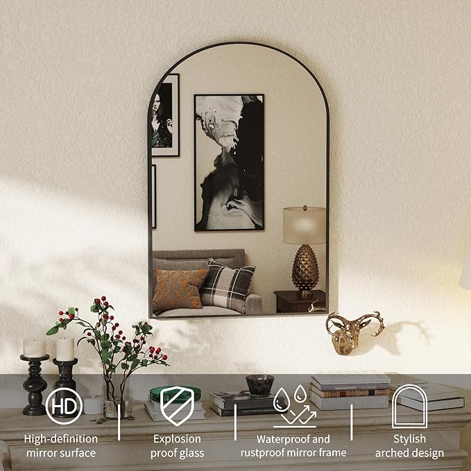 DUMOS Black Metal Arch Vanity Rounded Rectangle Bathroom Mirrors for Over Sink Wall, 21x30 Inch Large Matte Mirror, Modern Decorative for Restroom, Farmhouse