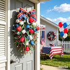 2 Pack 21'' Patriotic Swag Wreaths for Cabinets Artificial 4th of July Teardrop Wreath with Red White Blue Tulips Floral and Berries for Independence Day Memorial Day Front Door Porch Window Wall