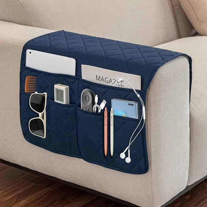 Remote Control Holder for Recliner, Armchair Caddy, Non Slip Sofa Armrest Organizer for Recliner Couch With 6 Pockets for TV Remote,Cell Phone,Magazine (Navy)