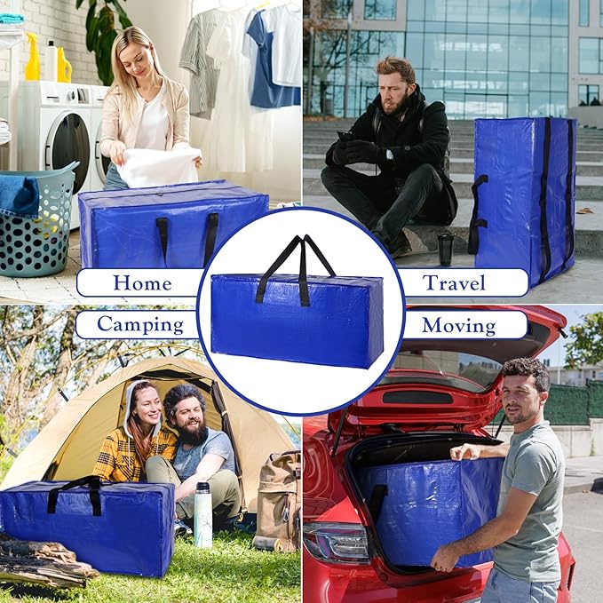 6 Pack Moving Bags Heavy Duty Extra Large Storage Bags with Zippers, Handles, Backpack Straps Packing Bag for Moving College Dorm Room Essentials, Camping, Travel, Clothes 93 L 25 Gallons (Blue)