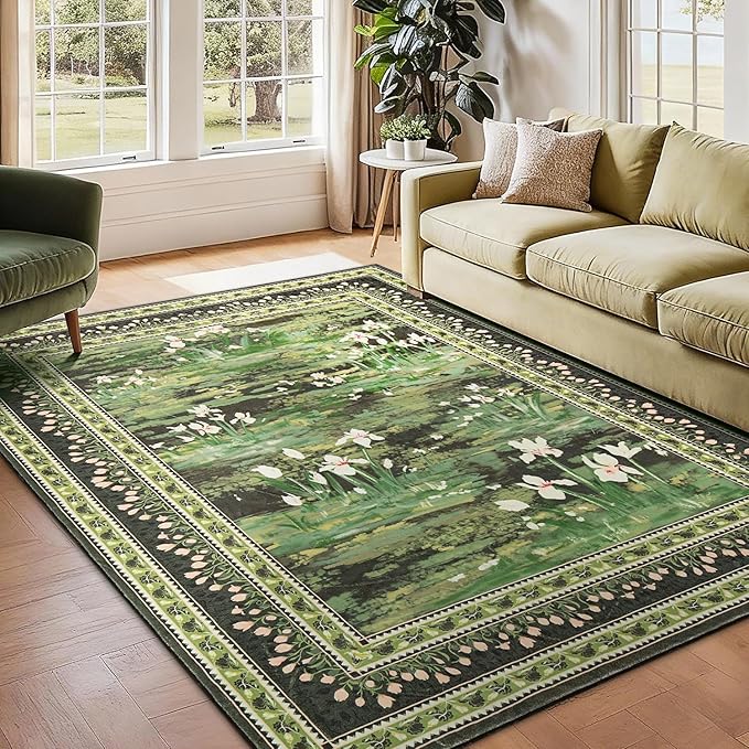 Lessymo Dark Green 5x7 Floral Rugs for Living Room, Soft Washable Area Rug Non-Slip for Dining Room, Impressionist-Style Vintage Carpet, Cottagecore Bedroom Nursery Office Decor