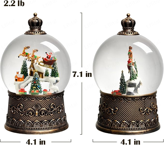 Snow Globe Christmas Decorations for Home Auto Snowfall Glitter Music Collection Santa Reindeer Train Snowy Village Scene with 6H Timer USB/Battery Powered 105mm Globe
