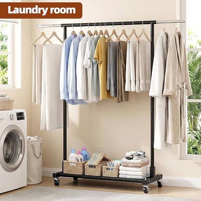 Luxspire Clothes Rack with Lockable Wheels, Simple Clothing Garment Rack with Storage Shelves, Hanging Racks for Clothes with Single Rods for Laundry Room, Balcony, Bedroom, Bathroom, Black