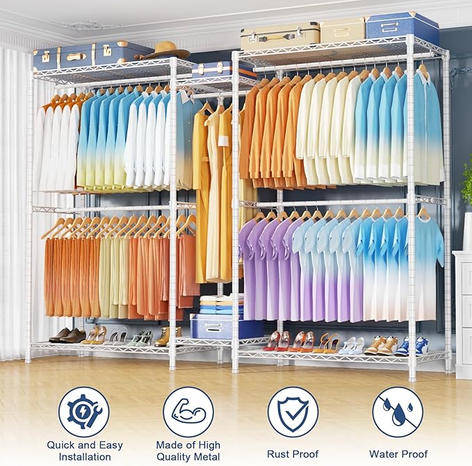Ulif E12 Max Clothes Rack，Heavy Duty Freestanding Garment Rack with Shelves，Metal Clothing Closet Storage System for Hanging Clothes，83" W x 16" D x 76.5" H, Hold 1060 lbs，White