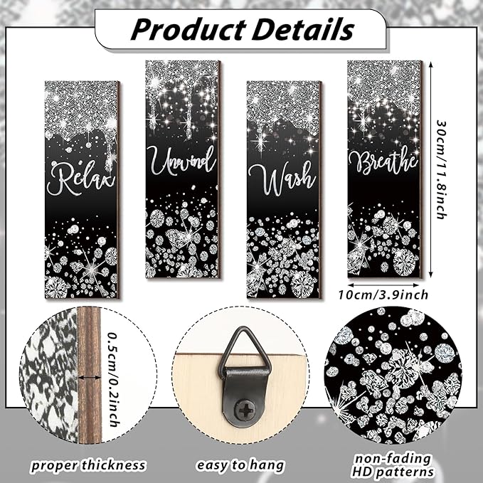 Huwena 4 Pcs Black and Silver Bathroom Wall Decor Glitter Diamond Wooden Living Room Decor Relax Wish Unwind Breathe Sign Black Silver Shiny Drips Hanging Bathroom Sign for Toilet Home Spa