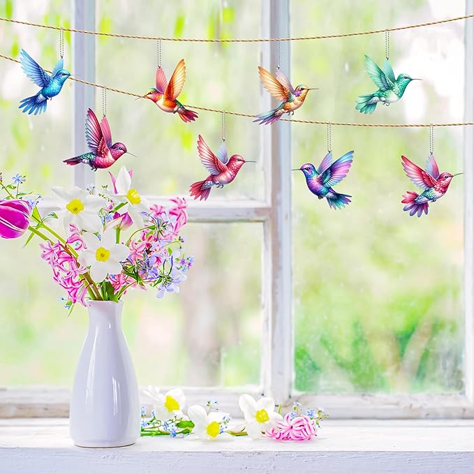 2D Bird Acrylic Hanging Ornament - 8Pcs Flying Birds Christmas Tree Ornaments, Xmas Tree Ceiling Pendants with Lanyard Rearview Mirror Window Charms Gift for Men Women (Hummingbird 1)
