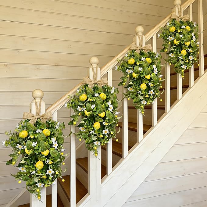 2 Pack 22'' Lemon Swag Wreaths for Cabinets Spring Summer Teardrop Wreath with White Daisy Flowers Artificial Lemon Teardrop Wreath with Bow for Farmhouse Front Door Porch Window Wall Hanging Decor