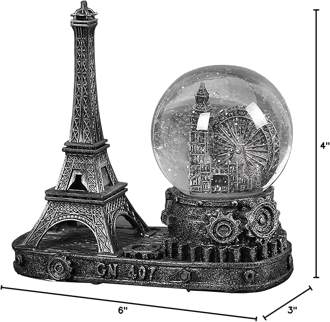 Eiffel Tower Snow Globe LED Music Crystal London Eye Ferris Wheel Home Decoration for Living Room Bedroom Book Shelf TV Cabinet Desktop Decor Statue Figurine Table Centerpieces Ornaments (B, Silver)