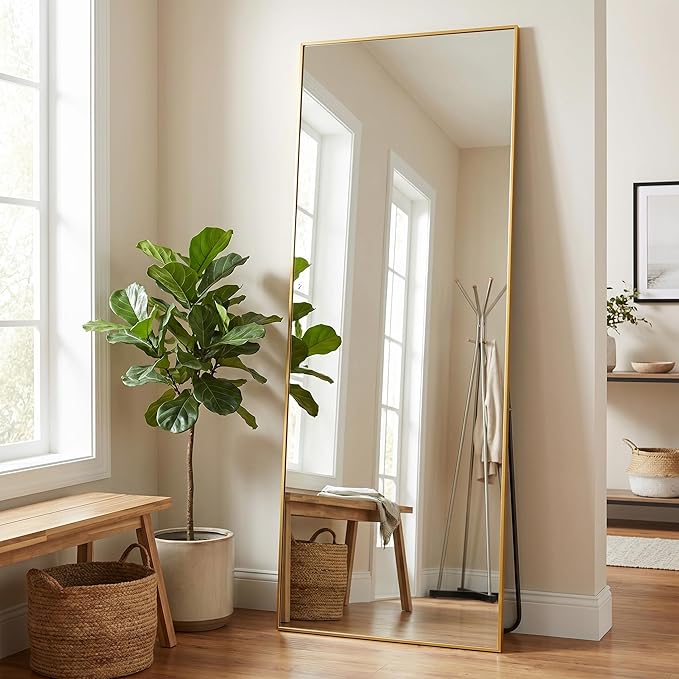 BEAUTYPEAK Full Length Mirror, 57"x18" Standing Hanging or Leaning Against Wall Floor Mirrors Body Dressing Wall-Mounted for Living Room, Bedroom with Aluminum Alloy Thin Frame, Gold