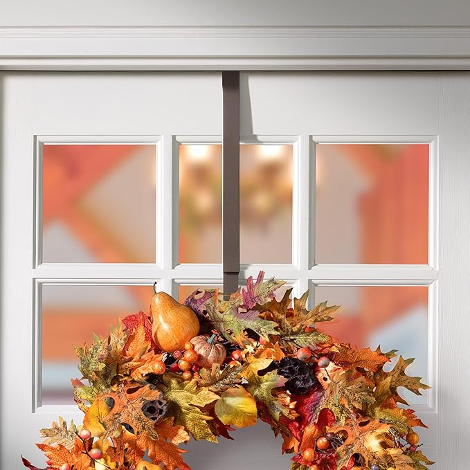 Haute Decor Adapt Adjustable Wreath Hanger, Top & Length Adjustable - Matte Brown - Strong Metal Wreath Holder Hook for Various Door Sizes