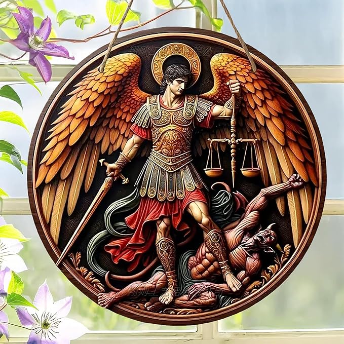 St. Michael San Miguel Arcangel Wall Pediments Home Decor Door Sign Plaques Hanging Pendant Decorations Batter Guard Angel Christian Religious Ornaments (N)