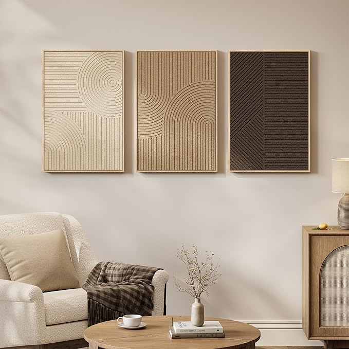 3D Textured Framed Boho Neutral Abstract Wall Art, 3 Piece Modern Minimalist Paintings Artwork for Walls, Brown Beige Tan Geometric Pictures for Living Room Dining Bedroom Office Wall Decor 16x24 In