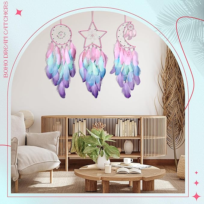 Jetec 3 Pcs Dream Catcher Moon Sun Star Design Handmade Traditional Design Craft Ornament Wall Art Hanging Home Decoration Bedroom Wedding(Macaron Color)