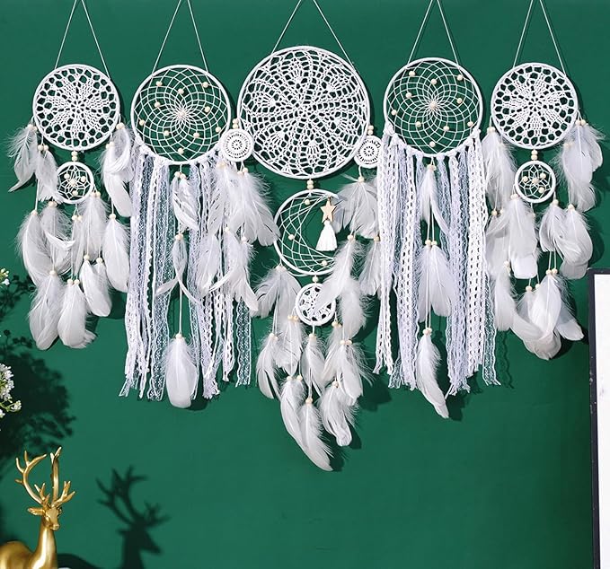 Dream Catchers Boho Wall Decor Moon and Sun Feather Handmade Traditional Dream Catcher Wall Hanging Decor for Kids Bedroom Adult Living Room Home Bohemian Decorations (Grey Set)