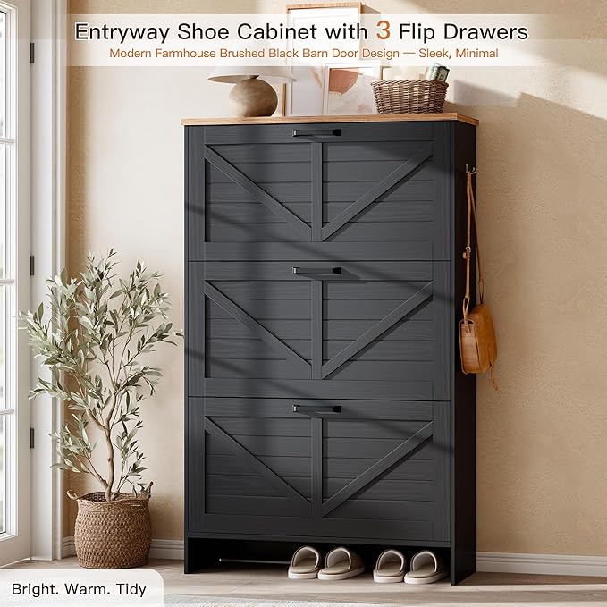 Nicetree Barn Door Shoe Cabinet for Entryway - Modern Farmhouse Shoe Storage Cabinet with 3 Flip Drawers - Slim Hidden Shoe Organizer, 3-Position Adjustable Divider, Fits Size 13, Brushed Black