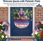 Memorial Day & 4th of July Patriotic Wreath, 12" Wooden Decor with Artificial Flowers, USA 250th Anniversary Sign for Front Door, Garden, Patios, Windows Decor (Color-Bless)
