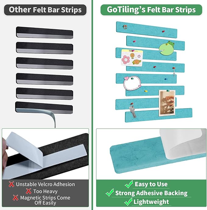 Cork Board for Walls - 8 Pack Felt Pin Board Bar Strips - Self-Adhesive Lightweight Bulletin Board - Cork Board for Office with 40 Push Pins No Damage for Wall (Lake Blue)