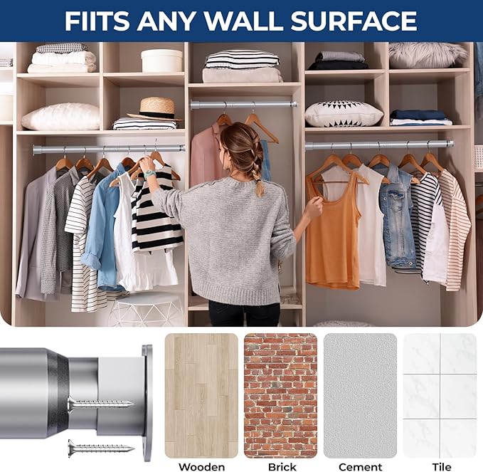 Mavivegue Closet Rod, 17 to 99 Inch Adjustable Closet Rods for Hanging Clothes, Silver Hanging Rod for Closet Wardrobes Laundry RV, Bathroom