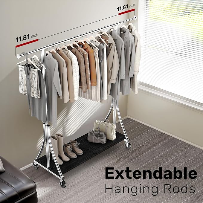 MAXLEAD Clothes Rack, Clothing Rack with Wood Shelves 500 LBS Heavy Duty Garment Rack for Hanging Clothes Portable Closet Sturdy Coat Rack for Bedroom, Living Room, Laundry, Balcony, Silver