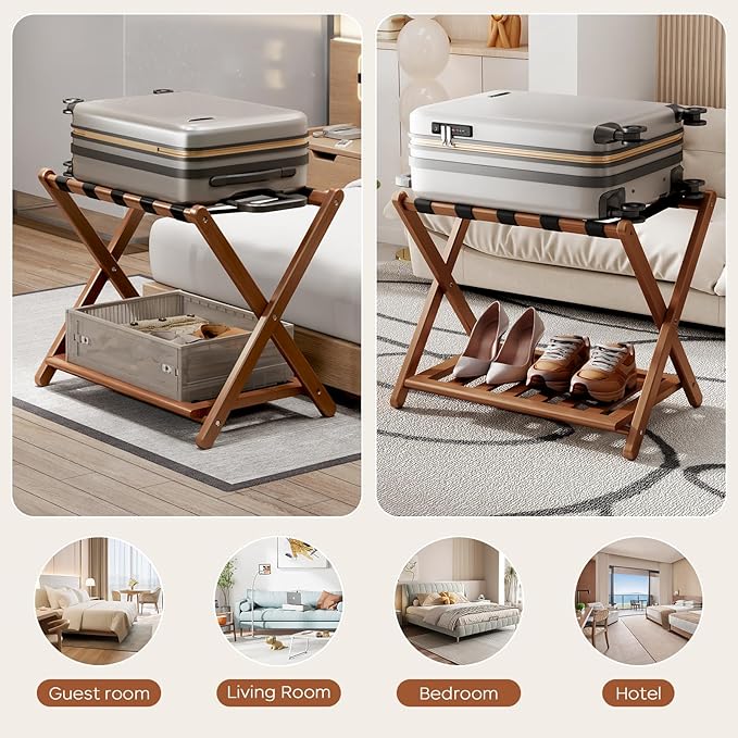 Full Assembled 26.77"L Luggage Rack Set of 1 - Luggage Stand for Guest Room, Foldable Suitcase Stand with Shoe Shelf, Luggage Holder for Suitcases, Bedroom, Hotel (Walnut Bamboo Suitcase Holders)