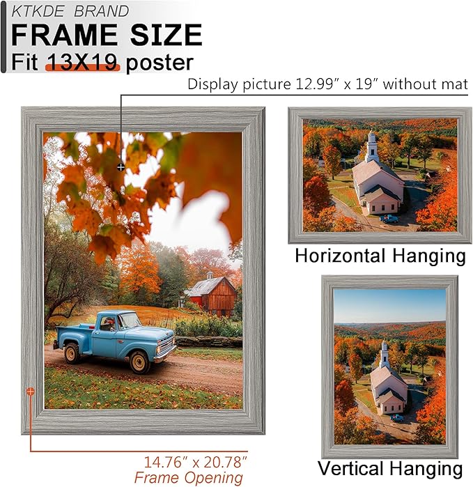 KTKDE 13x19 Picture Frame Set of 3,Grey Wooden frames, Vertical & Horizontal Wall Hanging for Wall Display,Studio Gallery Photo Frame for Photos, Posters & Art Prints