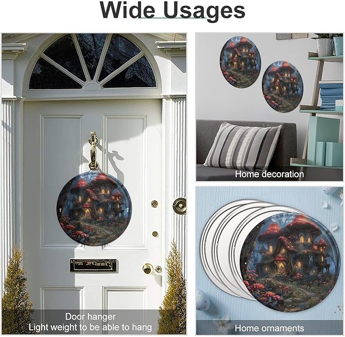 Wall Picture, with Mushrooms and Flowers Printed Circular Iron Hanging Picture,Wall Art Decor,Home for Bedroom Living Room Bathroom Decor,Iron Painting 11.8X11.8 in