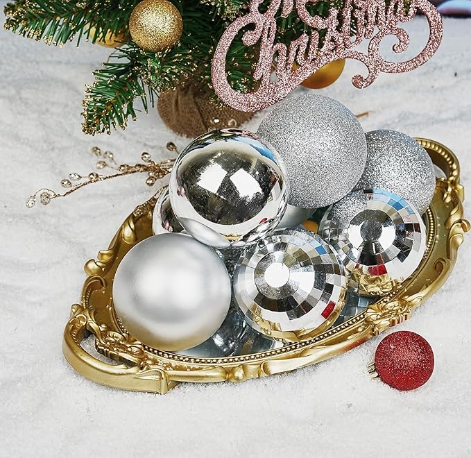 Emopeak 12Pcs Christmas Balls Ornaments for Xmas Christmas Tree - 4 Style Shatterproof Christmas Tree Decorations Hanging Ball for Holiday Wedding Party Decoration (Silver, 3.2"/8CM)